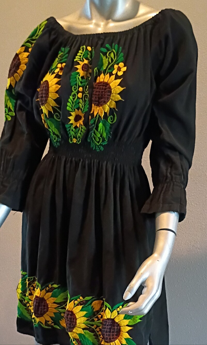 Sunflower Artisan-Embroidered Boho   Black Cotton Mini Dress Sz Med